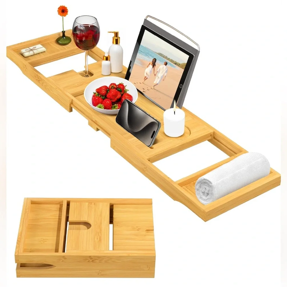 Bambüsi Bathtub Tray Table Collapsible & Adjustable Bathtub Caddy Space-Saving‎